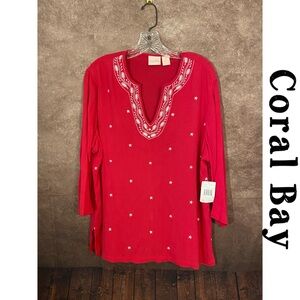 Coral Bay~Hot pink 3/4 sleeve embroidered scoop neck top~Size L~NWT